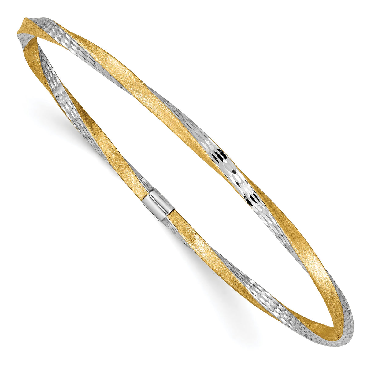 14k and White Rhodium Satin Finish Diamond-cut Twist 3.00mm Slip-on Round Bangle Bracelet