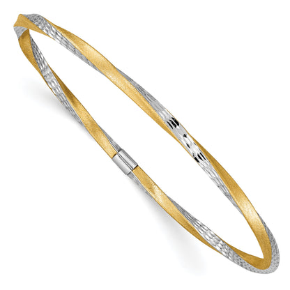 14k and White Rhodium Satin Finish Diamond-cut Twist 3.00mm Slip-on Round Bangle Bracelet