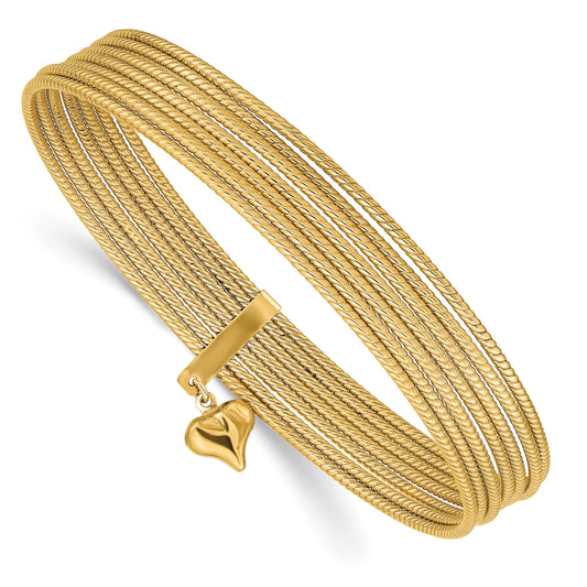 14K Oversize Polished and Textured with Dangle Heart 7-Strand 11.00mm Slip-on Round Bangle Bracelet