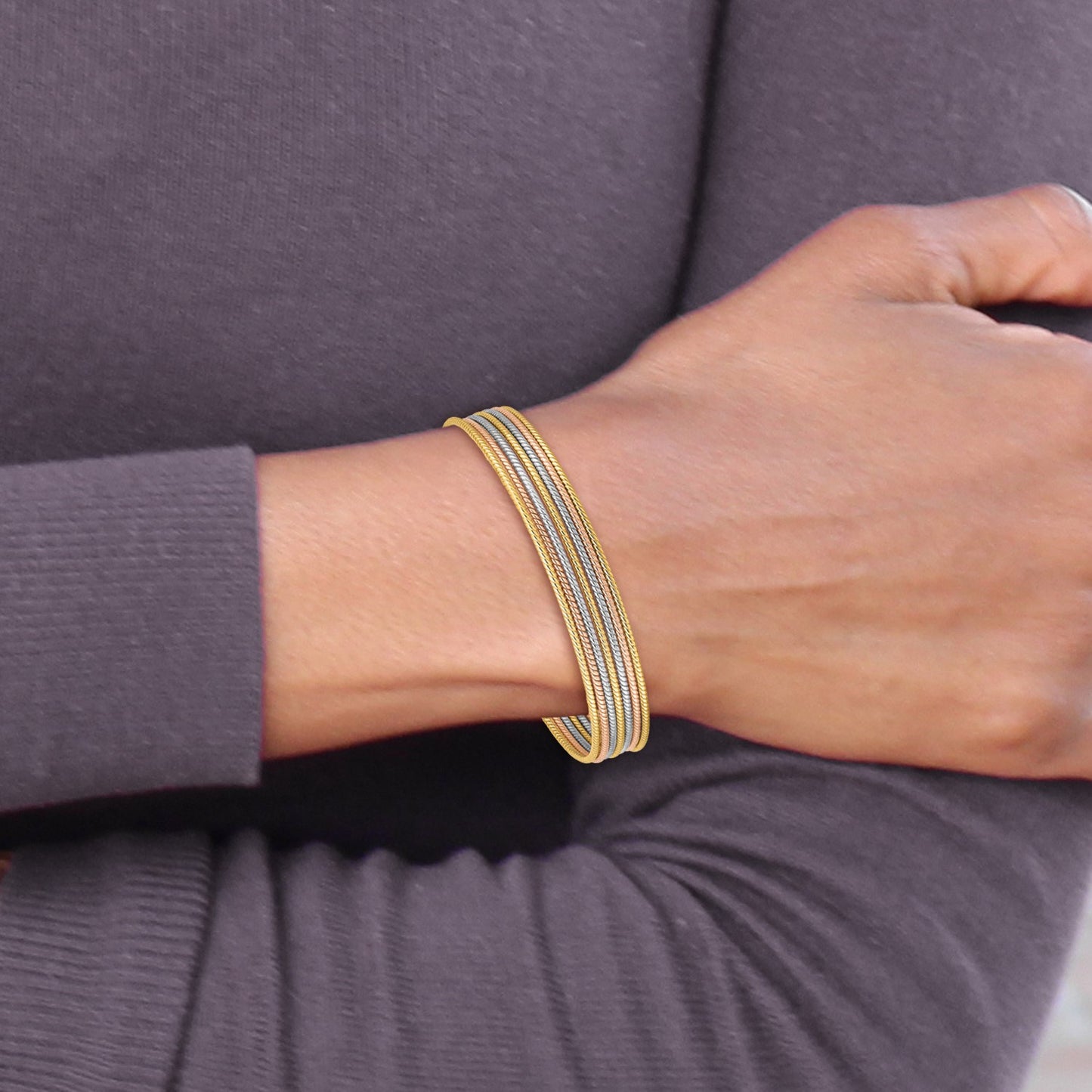 14K Oversize Tri-color Polished and Textured with Dangle Heart 7-Strand 11.00mm Slip-on Round Bangle Bracelet