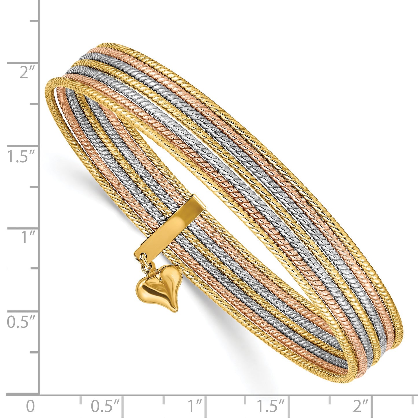 14K Oversize Tri-color Polished and Textured with Dangle Heart 7-Strand 11.00mm Slip-on Round Bangle Bracelet