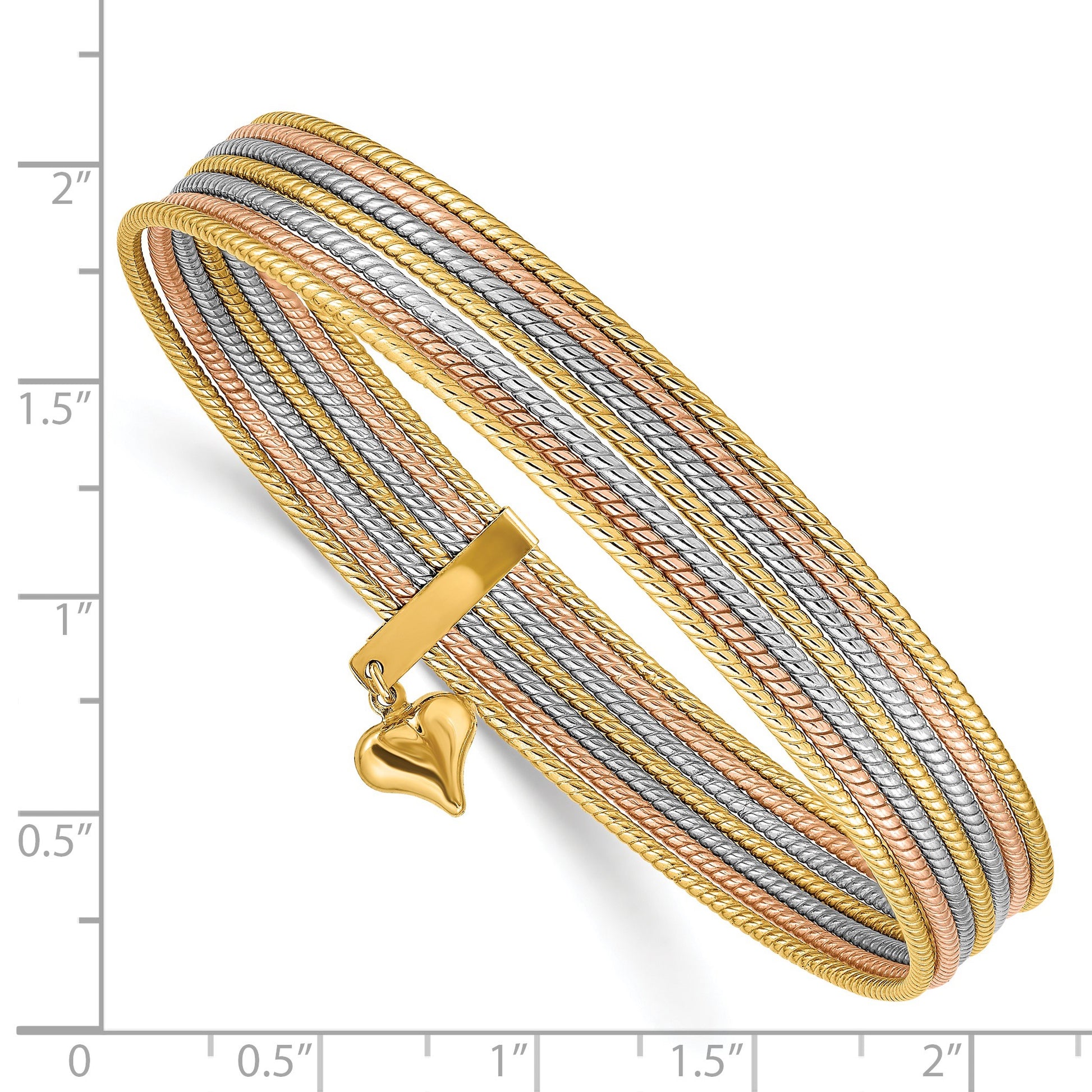 14K Tri-color Polished and Textured with Dangle Heart 7-Strand 11.00mm Slip-on Round Bangle Bracelet