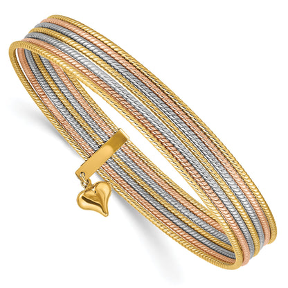 14K Tri-color Polished and Textured with Dangle Heart 7-Strand 11.00mm Slip-on Round Bangle Bracelet