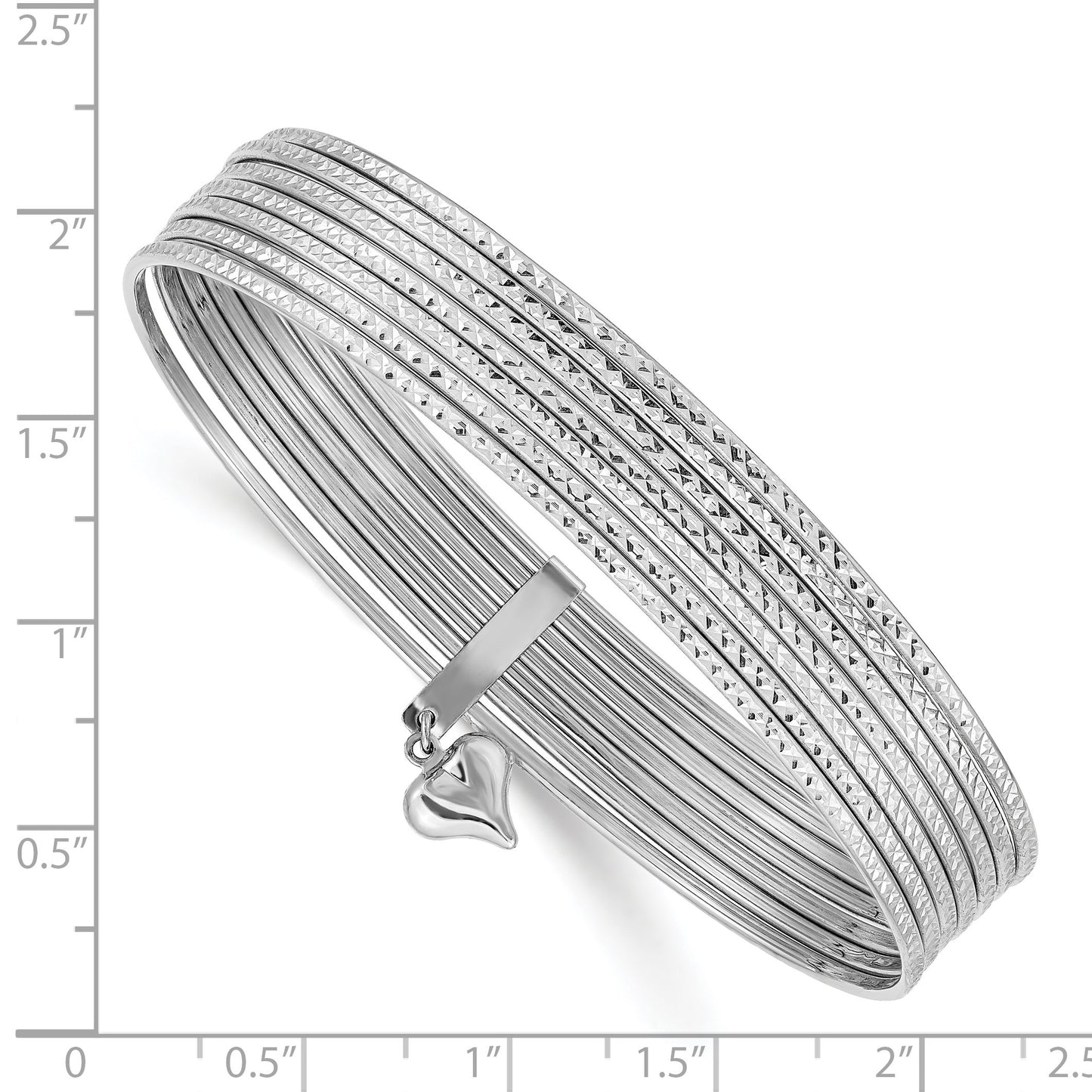 14K Oversize White Gold Polished and Textured with Dangle Heart 7-Strand 11.00mm Slip-on Round Bangle Bracelet
