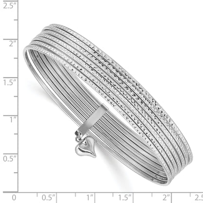 14K Oversize White Gold Polished and Textured with Dangle Heart 7-Strand 11.00mm Slip-on Round Bangle Bracelet