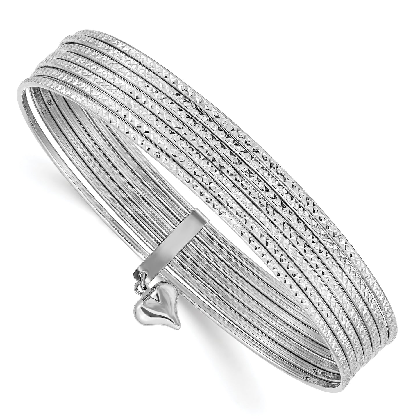 14K Oversize White Gold Polished and Textured with Dangle Heart 7-Strand 11.00mm Slip-on Round Bangle Bracelet