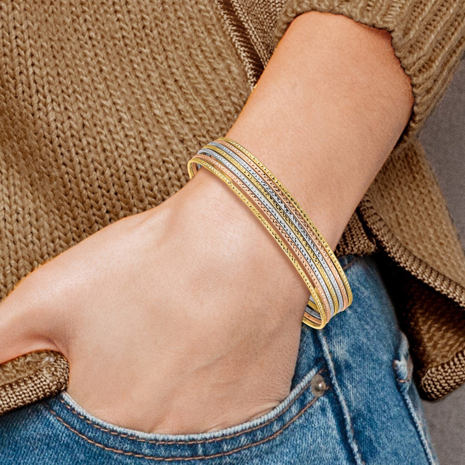 14K Oversize Tri-color Polished and Textured with Dangle Heart 7-Strand 11.00mm Slip-on Round Bangle Bracelet