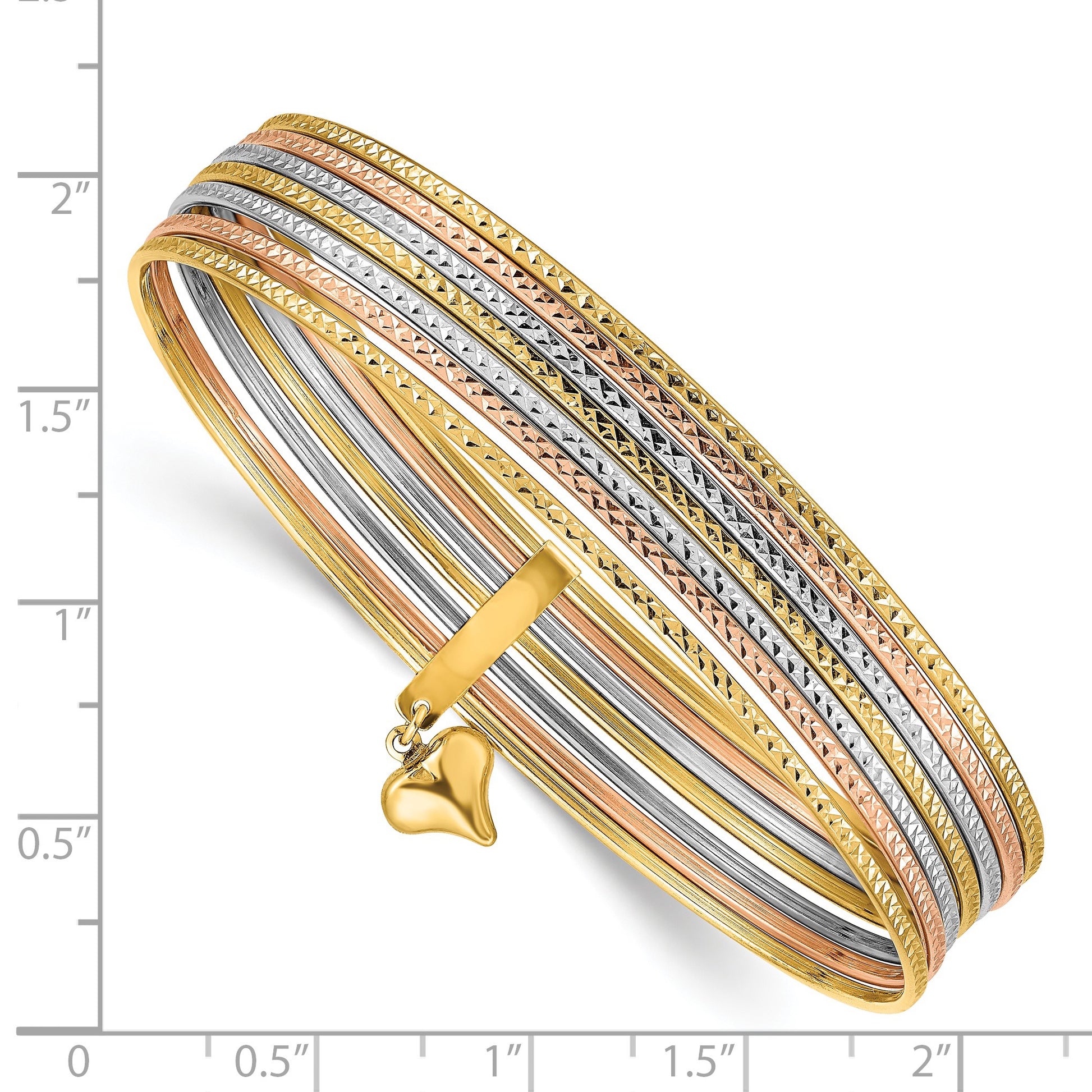 14K Oversize Tri-color Polished and Textured with Dangle Heart 7-Strand 11.00mm Slip-on Round Bangle Bracelet