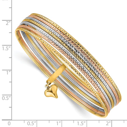 14K Tri-color Polished and Textured with Dangle Heart 7-Strand 11.00mm Slip-on Round Bangle Bracelet