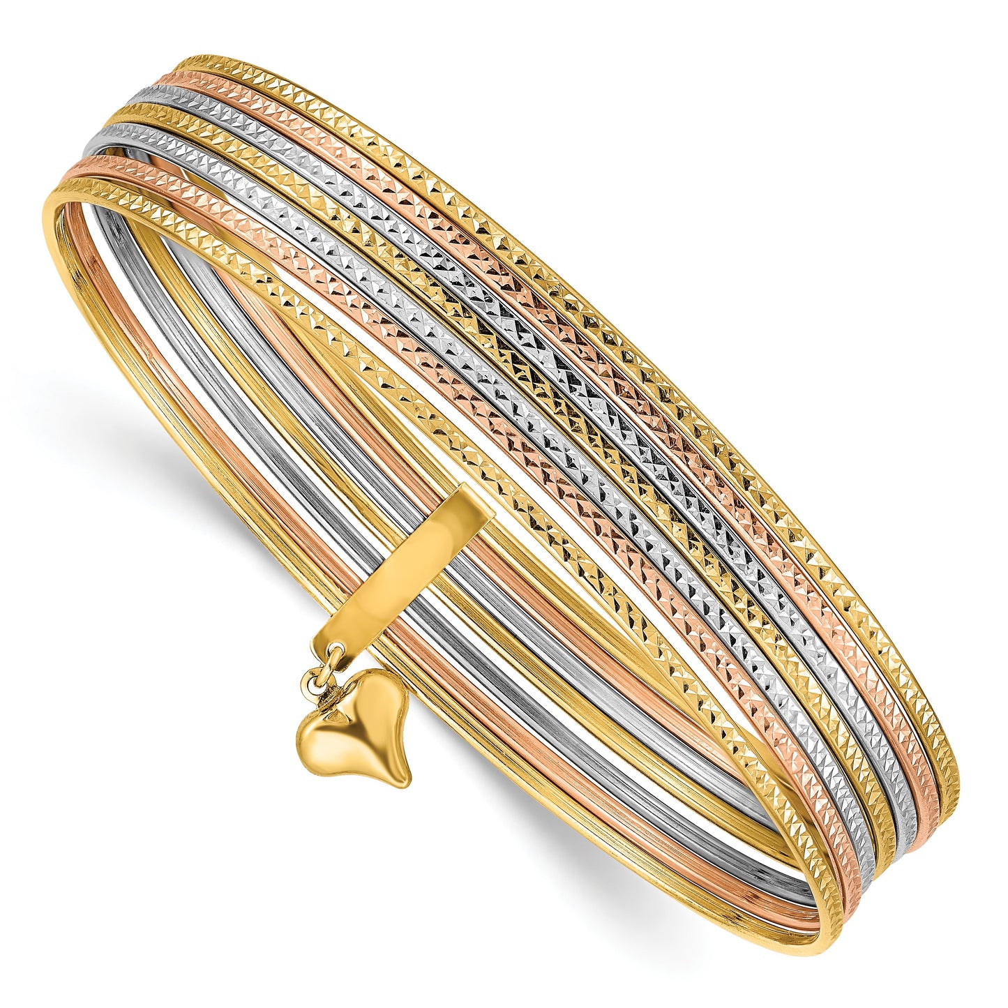 14K Tri-color Polished and Textured with Dangle Heart 7-Strand 11.00mm Slip-on Round Bangle Bracelet