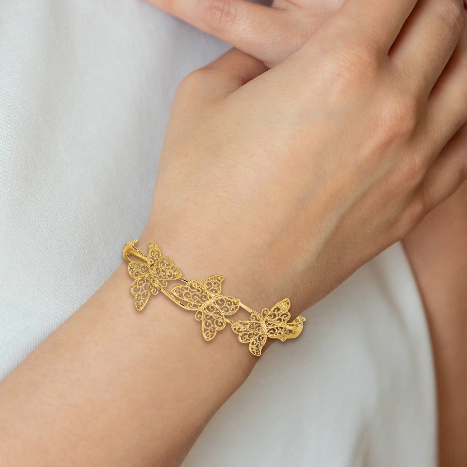14K Polished Filigree Butterflies Hinged Oval Bangle Bracelet