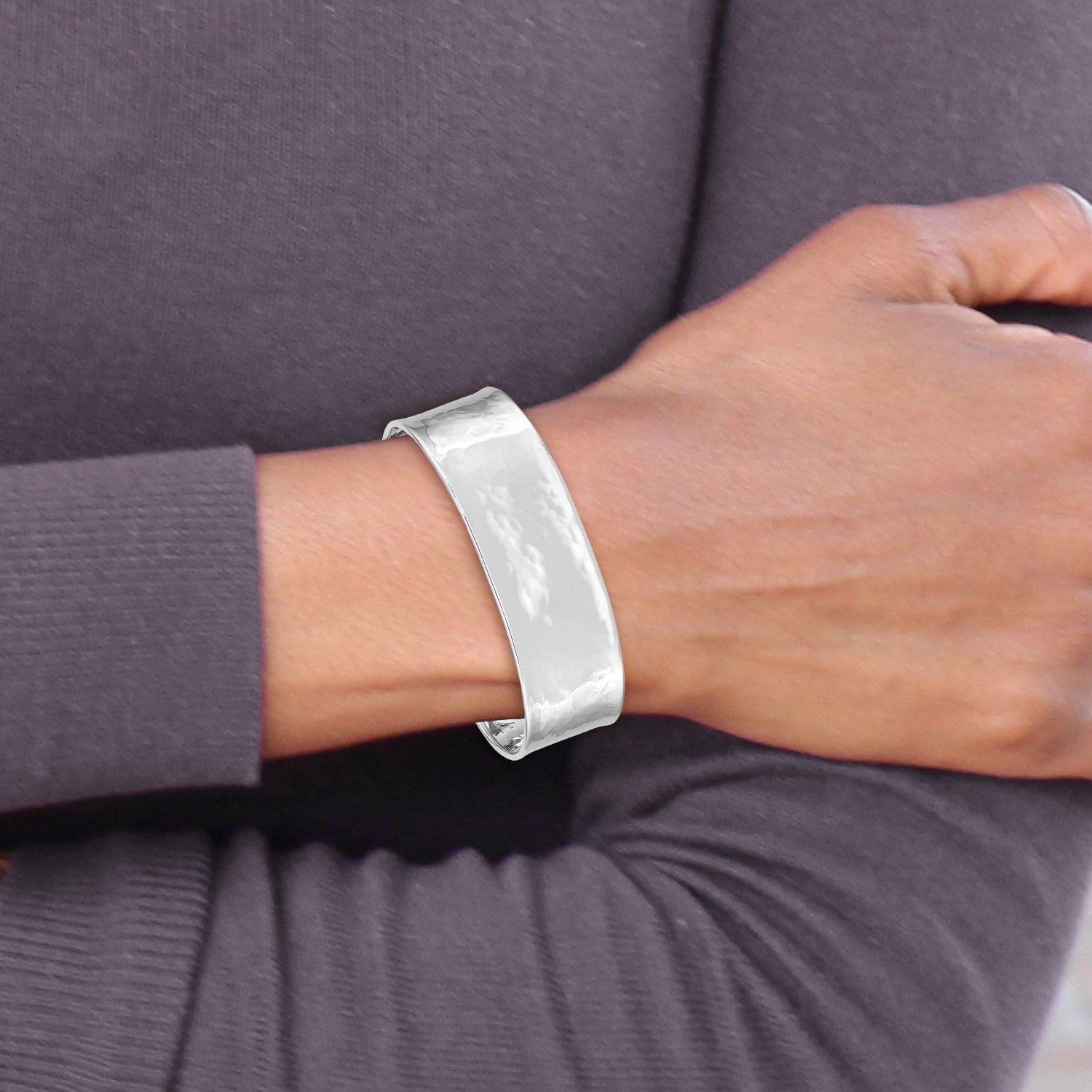 14k White Gold 19mm Hammered Polished Cuff Bangle Bracelet
