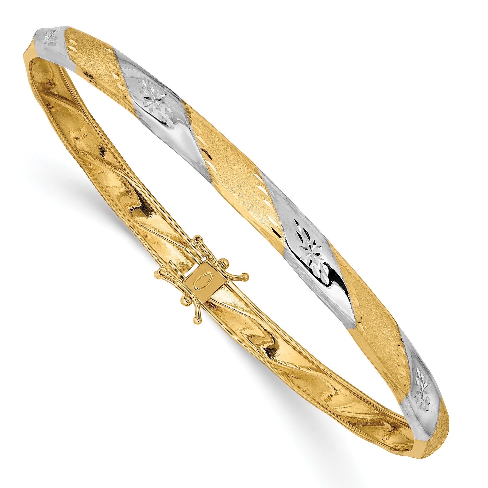 14k with White Rhodium Polished and Satin Diamond-cut 5.00mm Flexible Round Bangle Bracelet