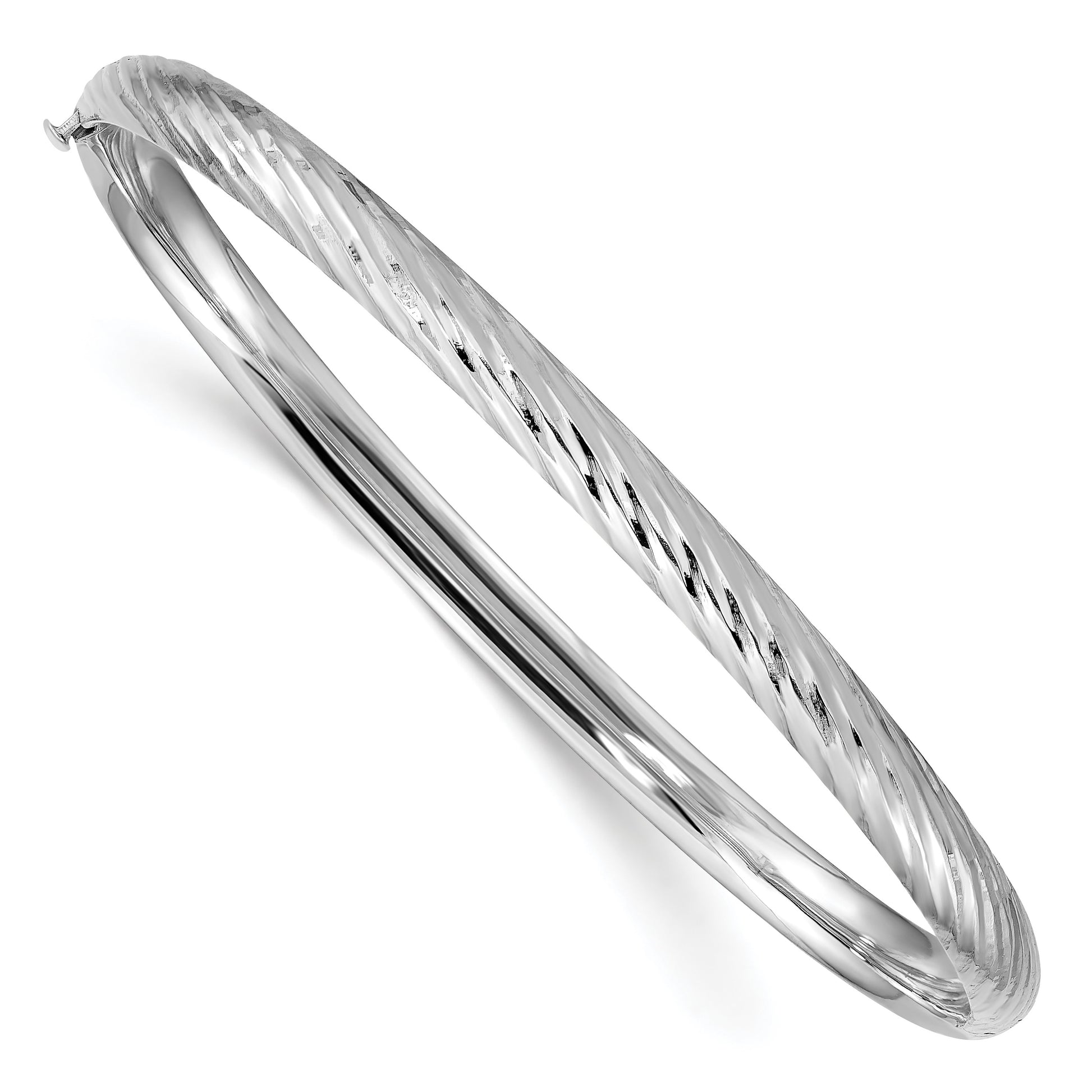 14k White Gold 3/16 Polished Textured 4.75mm Hinged Oval Bangle Bracelet