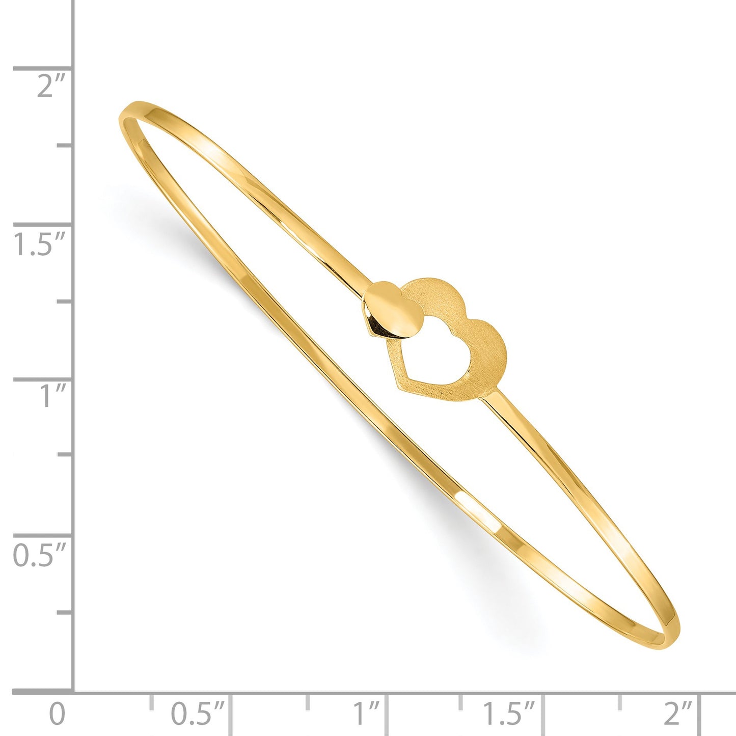14K Brushed and Polished Two Hearts Clasp 1.60mm Flexible Oval Bangle Bracelet