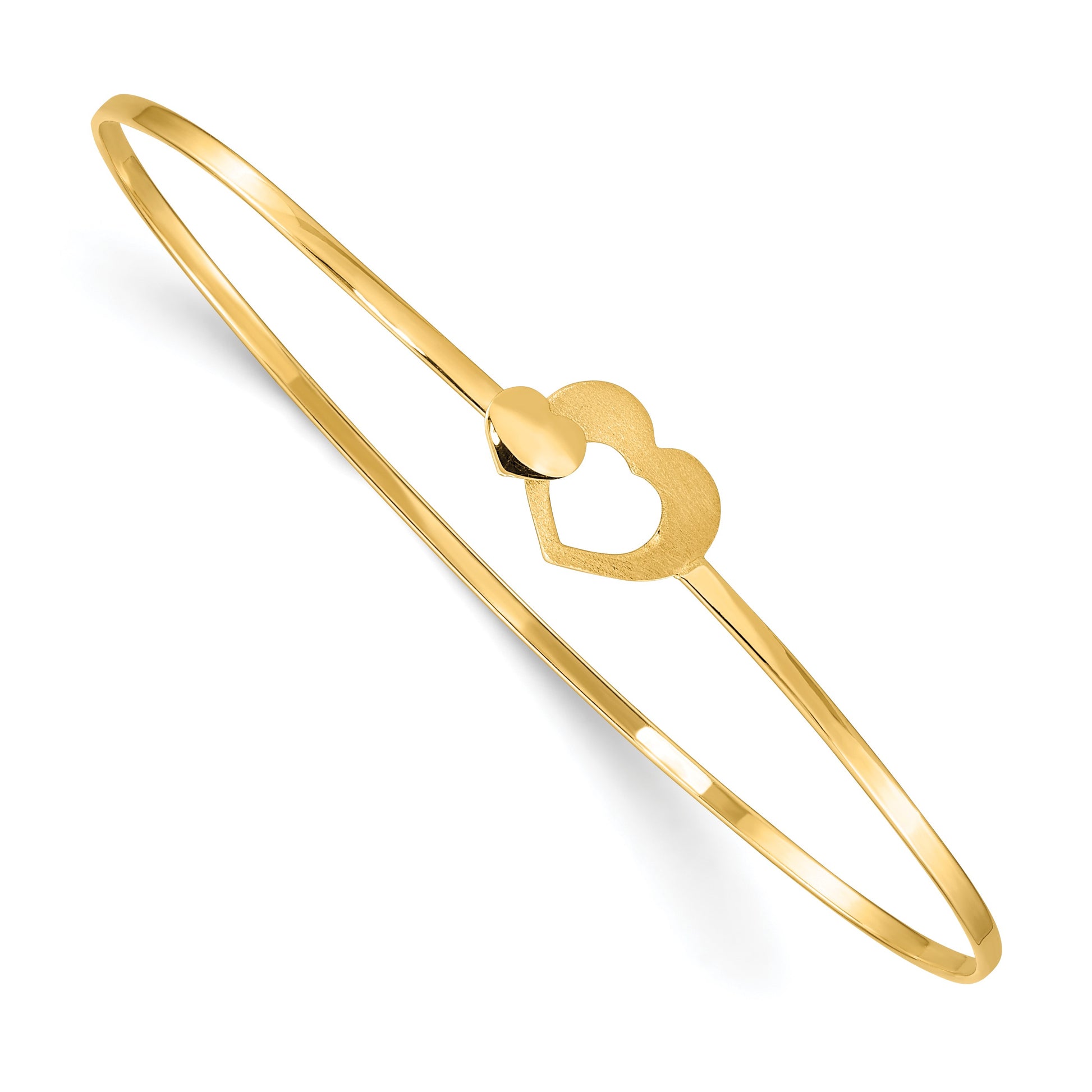 14K Brushed and Polished Two Hearts Clasp 1.60mm Flexible Oval Bangle Bracelet
