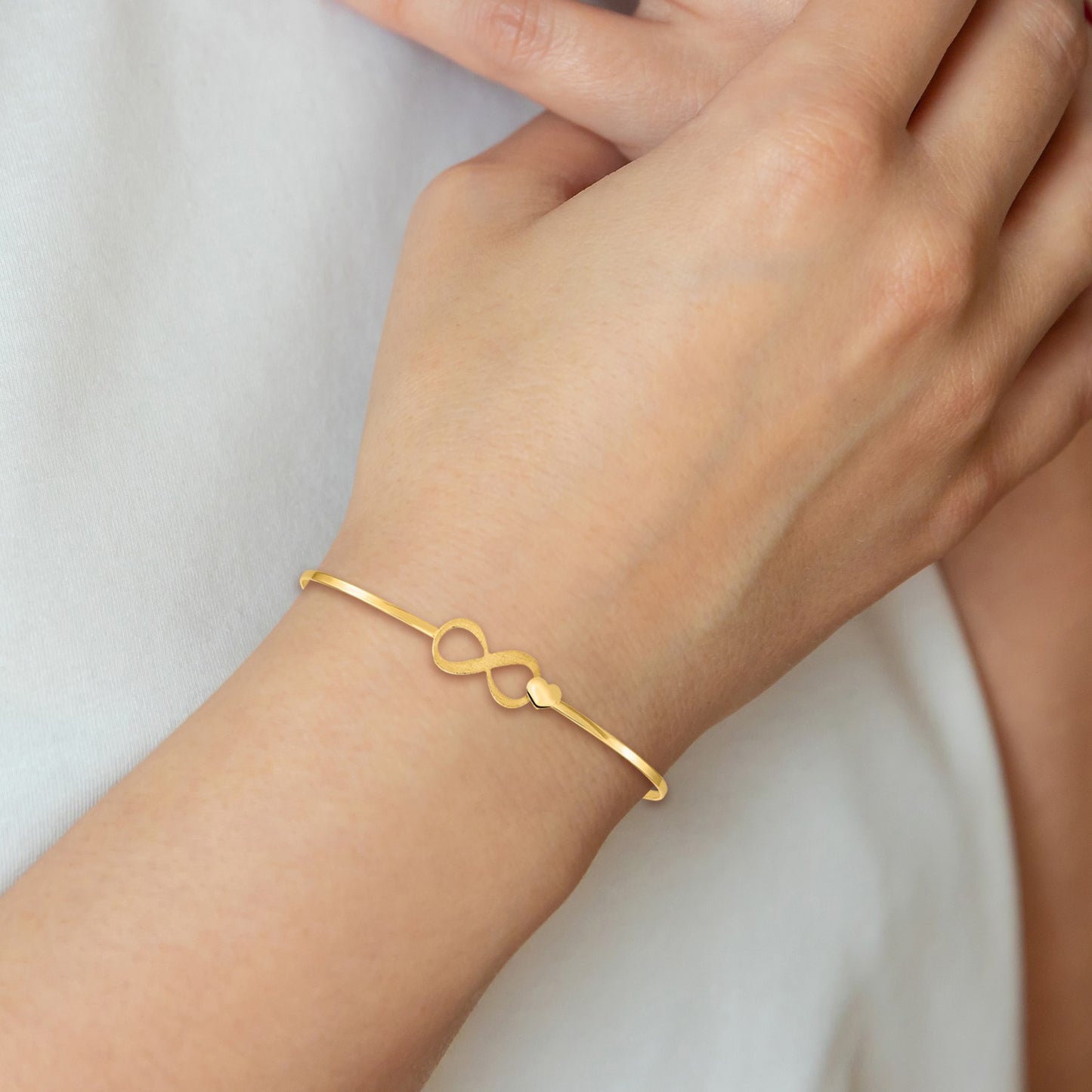 14K Brushed and Polished Infinity and Heart Clasp 1.65mm Flexible Oval Bangle Bracelet