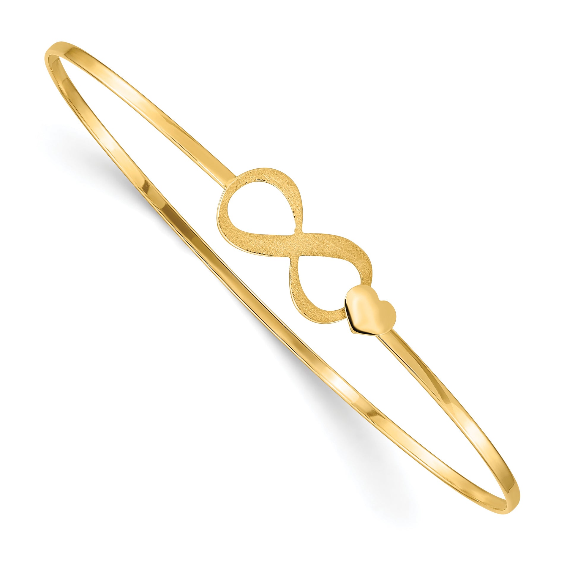 14K Brushed and Polished Infinity and Heart Clasp 1.65mm Flexible Oval Bangle Bracelet