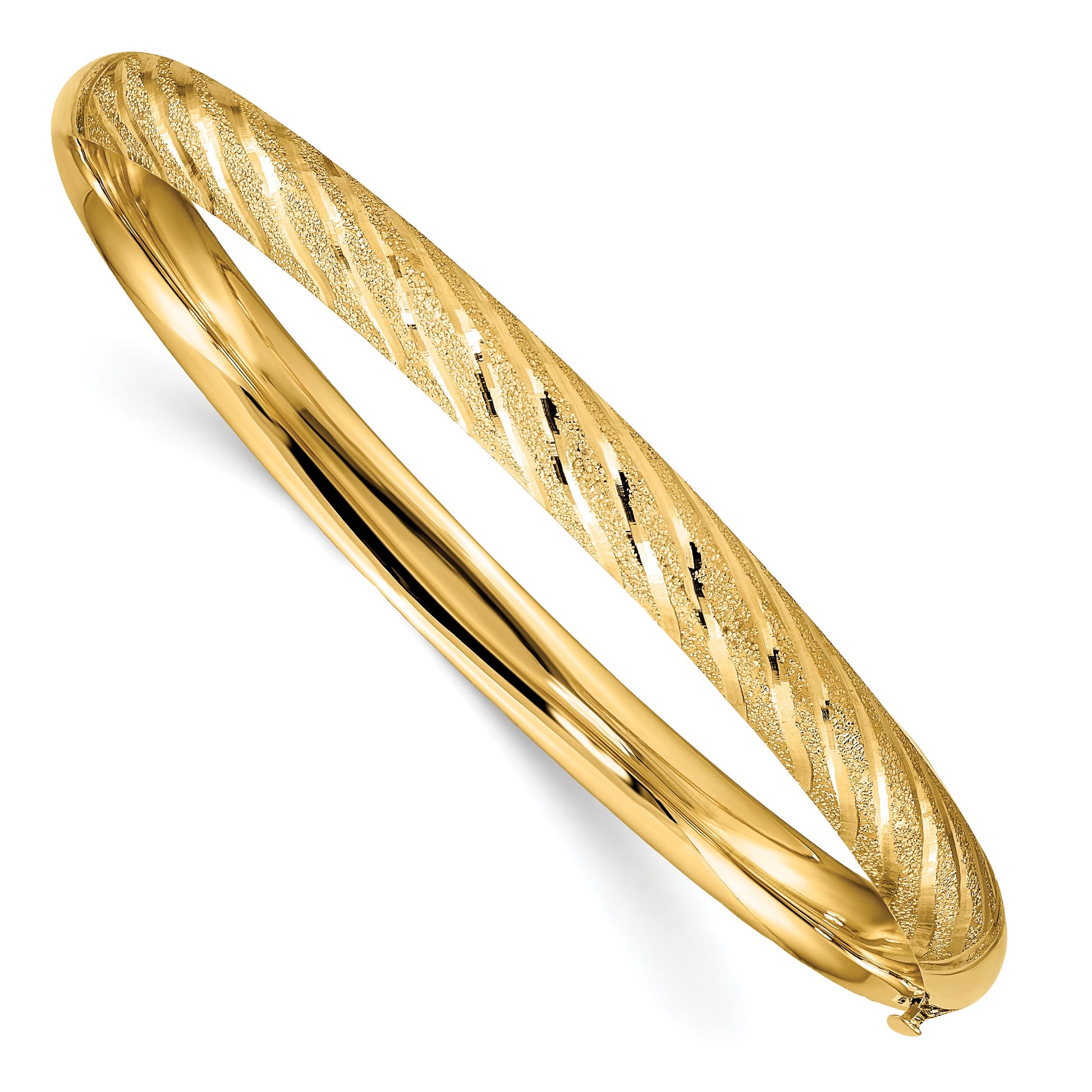14k Polished Textured Diamond-cut 6.20mm Twisted Hinged Oval Bangle Bracelet