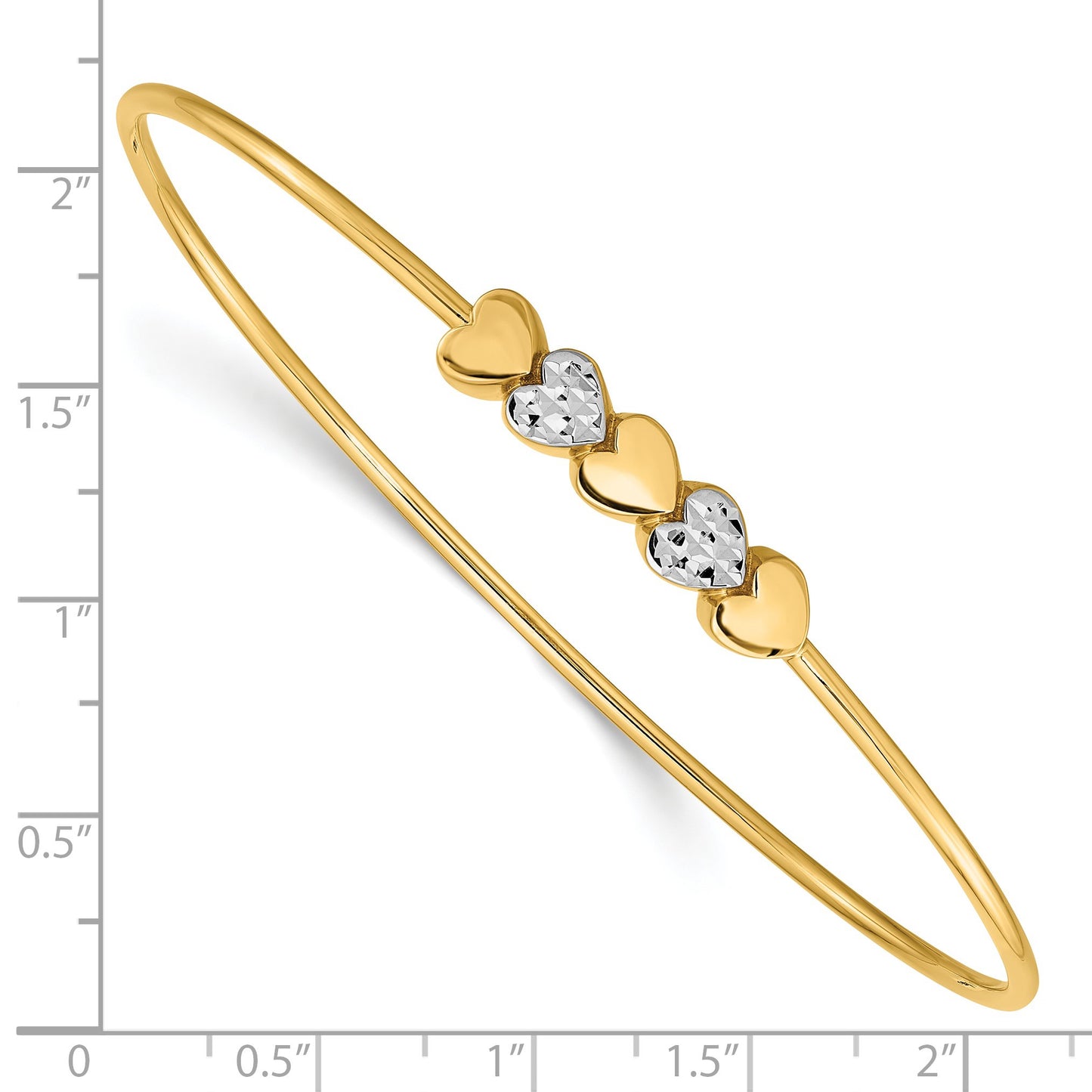 14K and White Rhodium Polished Diamond-cut Hearts 1.50mm Slip-on Round Bangle Bracelet