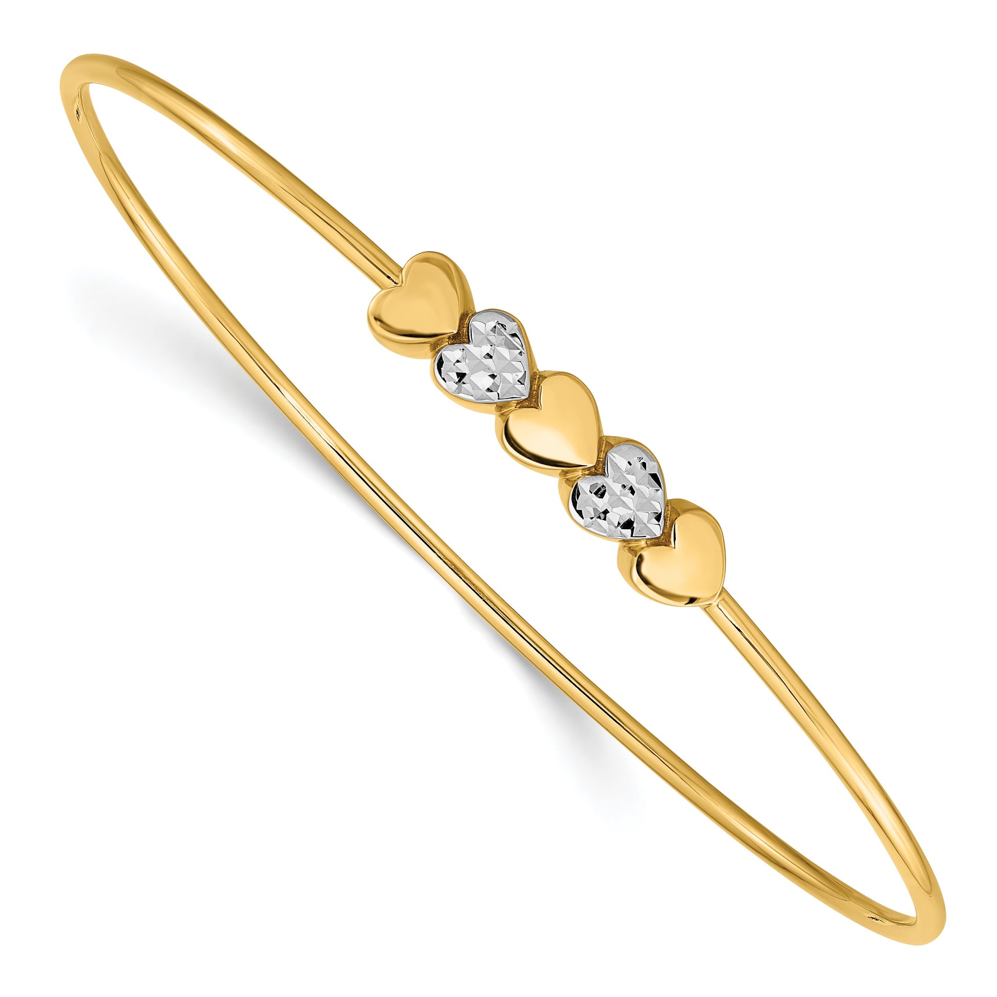 14K and White Rhodium Polished Diamond-cut Hearts 1.50mm Slip-on Round Bangle Bracelet