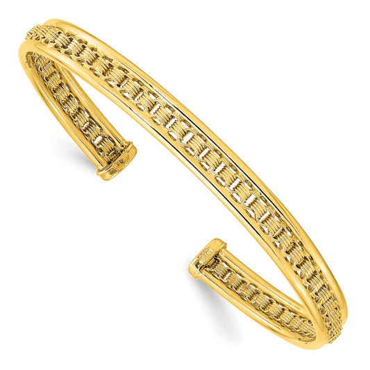 14K Polished and Textured 6.80mm Oval Cuff Bangle Bracelet