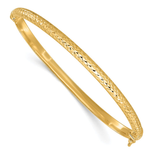 14K Polished Diamond-cut 4.00mm Hinged Oval Bangle Bracelet