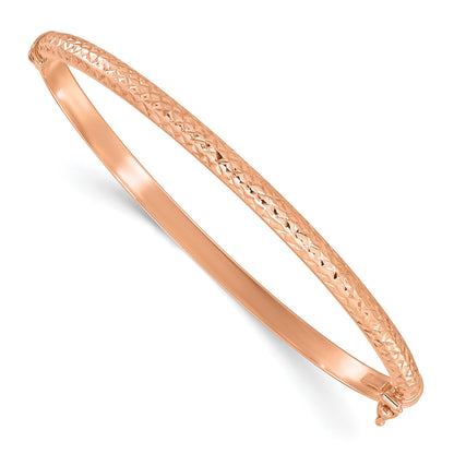 14K Rose Gold Polished Diamond-cut 4.00mm Hinged Oval Bangle Bracelet