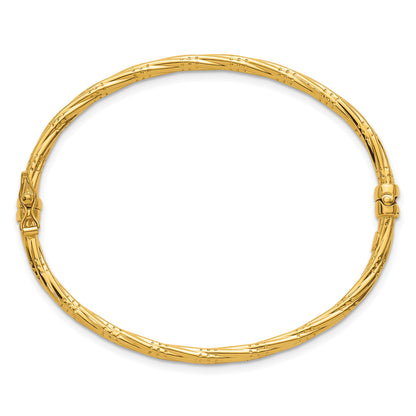 14K Polished and Textured 2.90mm Twisted Hinged Oval Bangle Bracelet
