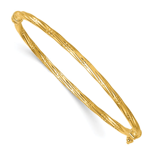 14K Polished and Textured 2.90mm Twisted Hinged Oval Bangle Bracelet