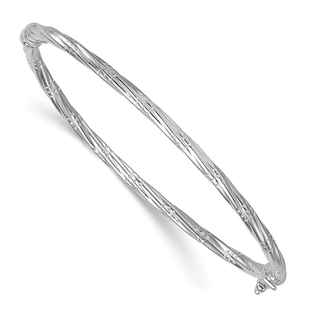 14K White Gold Polished and Textured Twisted Hinged Bangle