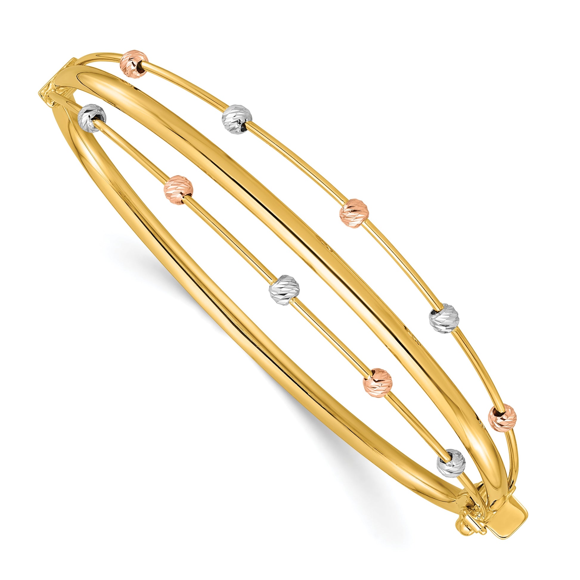 14k Tri-color Polished 3-Row Diamond-cut Beaded Hinged Oval Bangle Bracelet