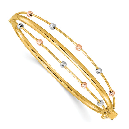 14k Tri-color Polished 3-Row Diamond-cut Beaded Hinged Oval Bangle Bracelet