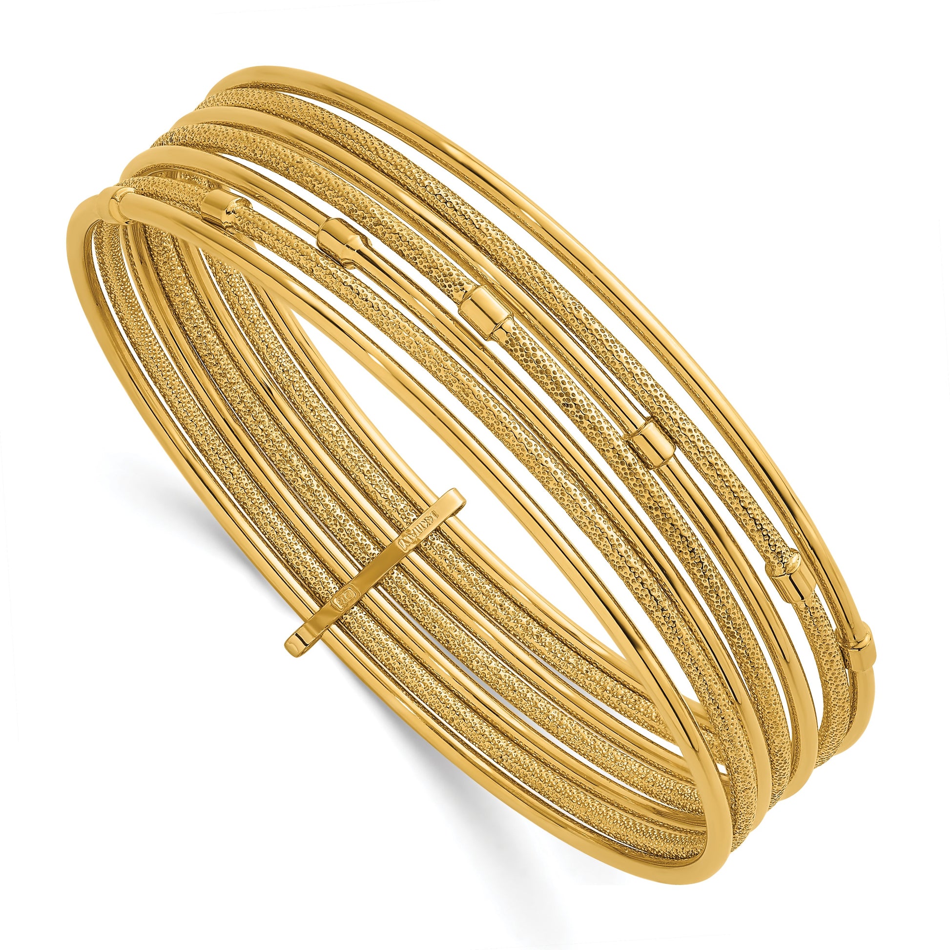 14K Polished and Textured Beaded 7-Strand Slip-On Round Bangle Bracelet