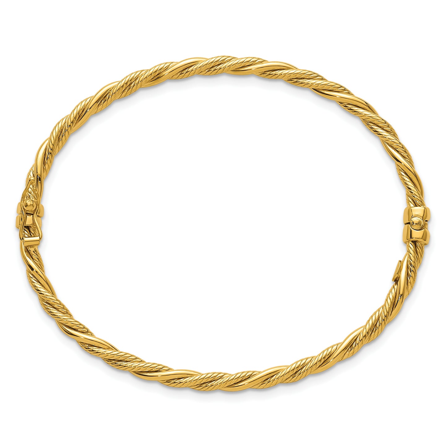 14K Polished and Textured 3.25mm Twisted Hinged Oval Bangle Bracelet