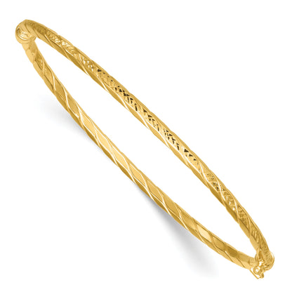 14k Polished and Diamond-cut Twisted 3.00mm Hinged Oval Bangle Bracelet