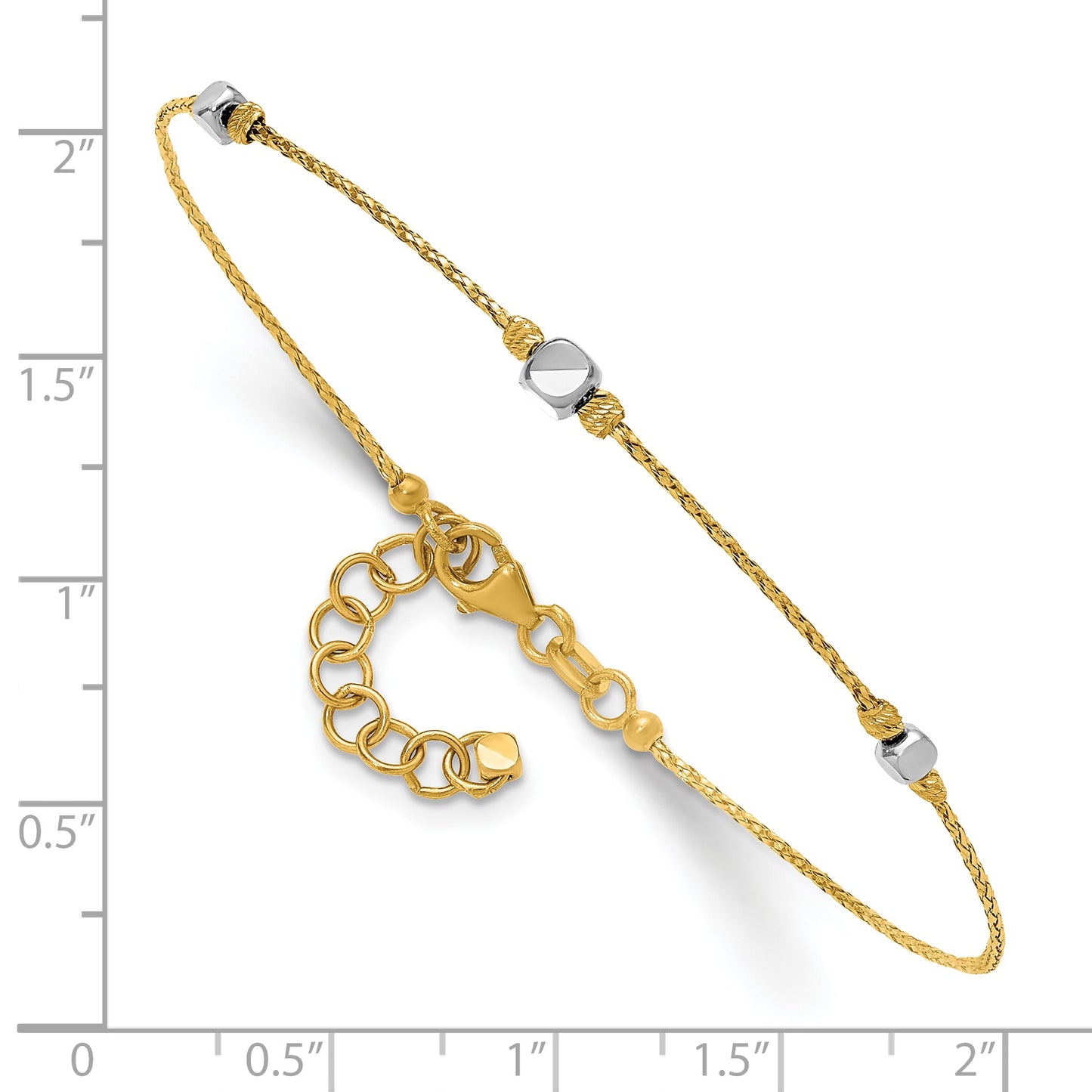 14K Two-Tone Polished Diamond-cut Round and Square Beaded 7 inch Bracelet with 1 inch Extension