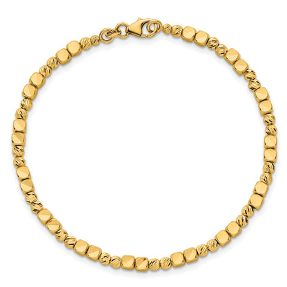 14K Polished Diamond-cut and Square Beaded 7 Inch Bracelet