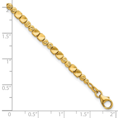 14K Polished Diamond-cut and Square Beaded 7 Inch Bracelet