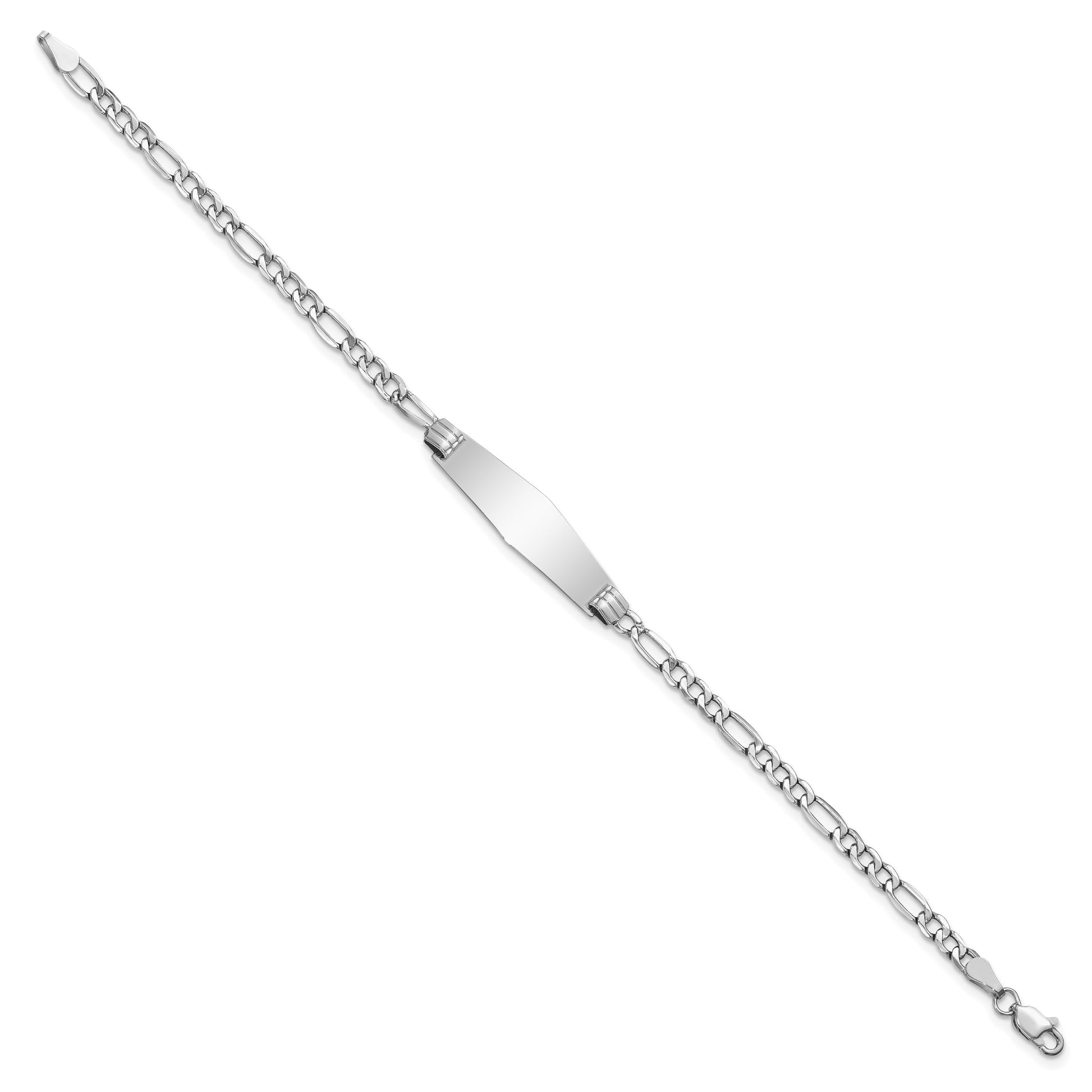 14k White Gold Polished Semi-Solid Chain/Solid Plate Figaro Link Soft Diamond Shape 25.5x7.8mm Plate 7 inch ID Bracelet