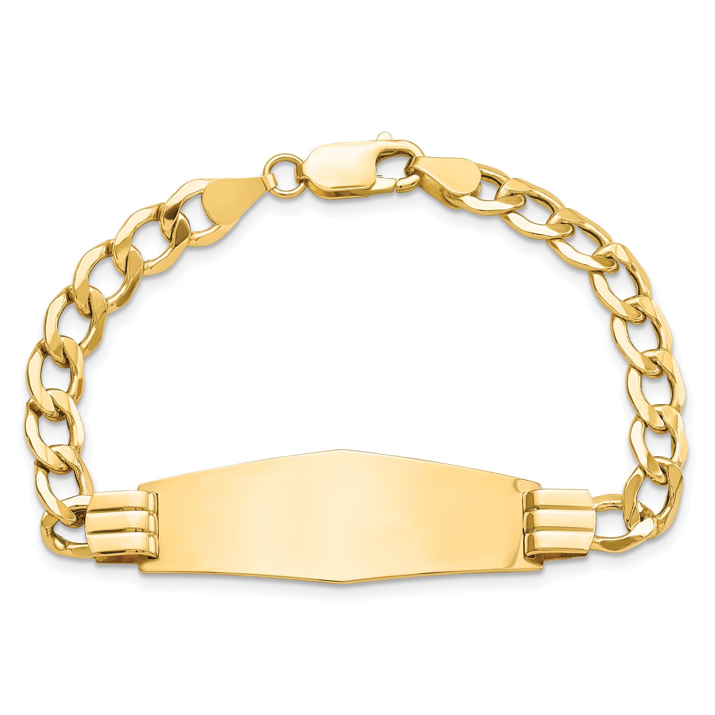 14k Polished Semi-Solid Chain/Solid Plate Curb Link Soft Diamond Shape 39x14mm Plate 7 inch ID Bracelet