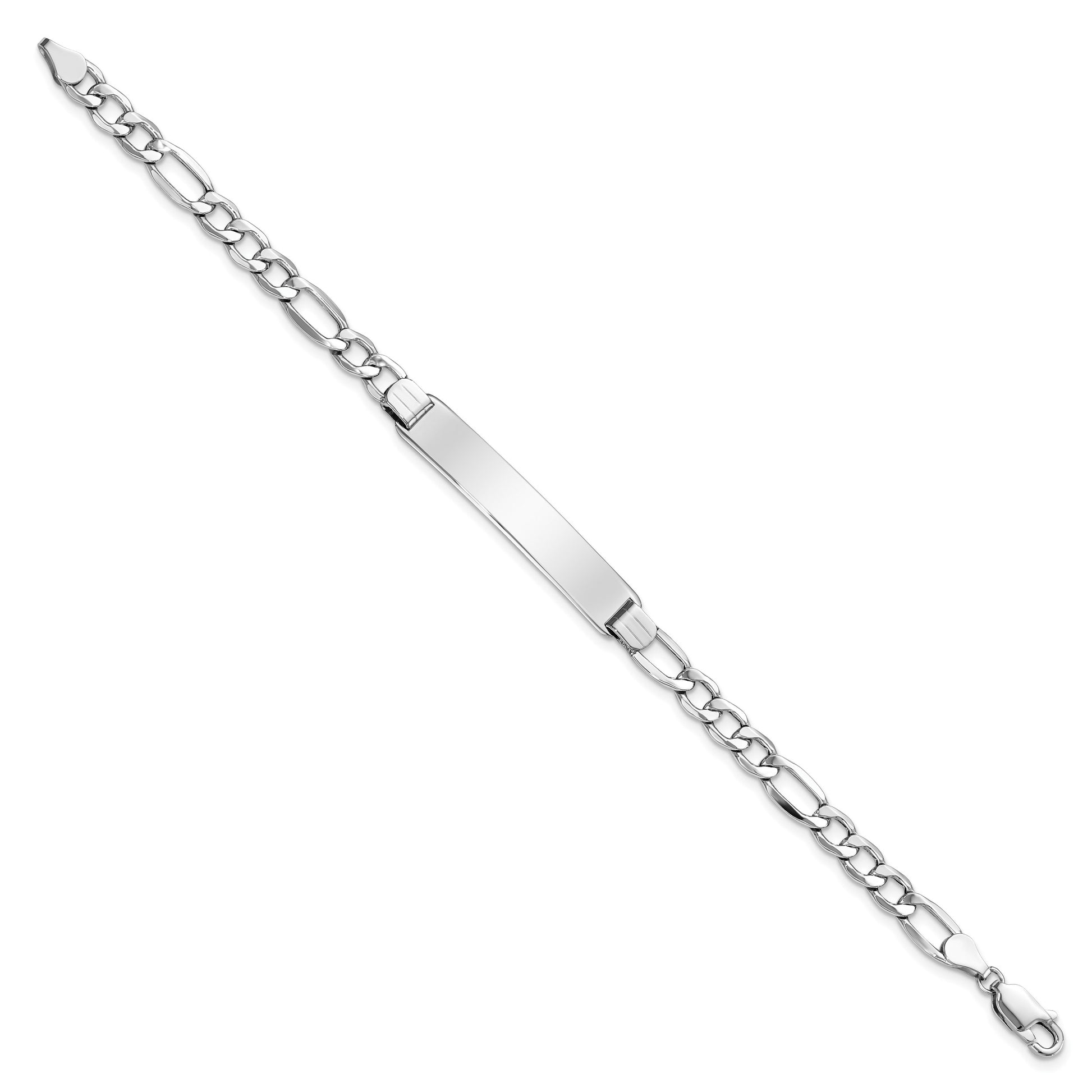 14K White Gold Polished Semi-Solid Chain/Solid Plate Figaro Link 35x7mm Plate 8 inch ID Bracelet