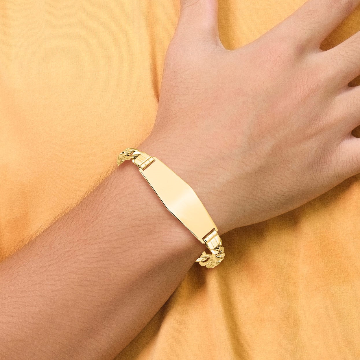 14k Polished Semi-Solid Chain/Solid Plate Curb Link Soft Diamond Shape 39x14mm Plate 8 inch ID Bracelet