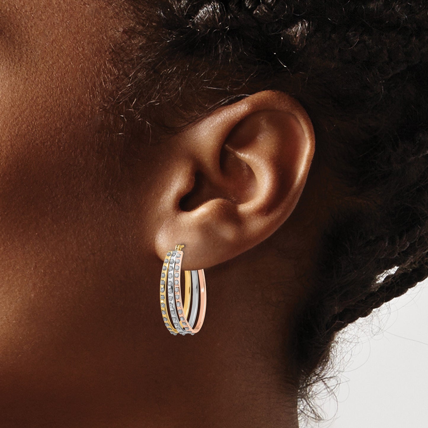 14k Tri-color Diamond Fascination Diamond Dust/Accent Oval 3-Hoop Earrings