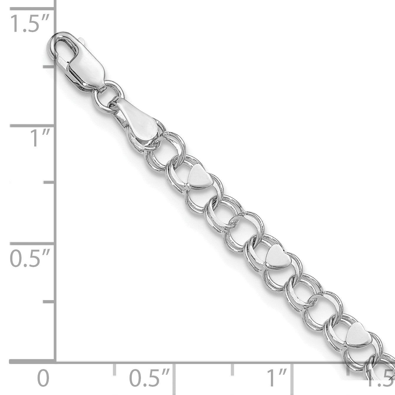 14k White Gold 4mm Solid Double Link with Hearts 7 inch Charm Bracelet