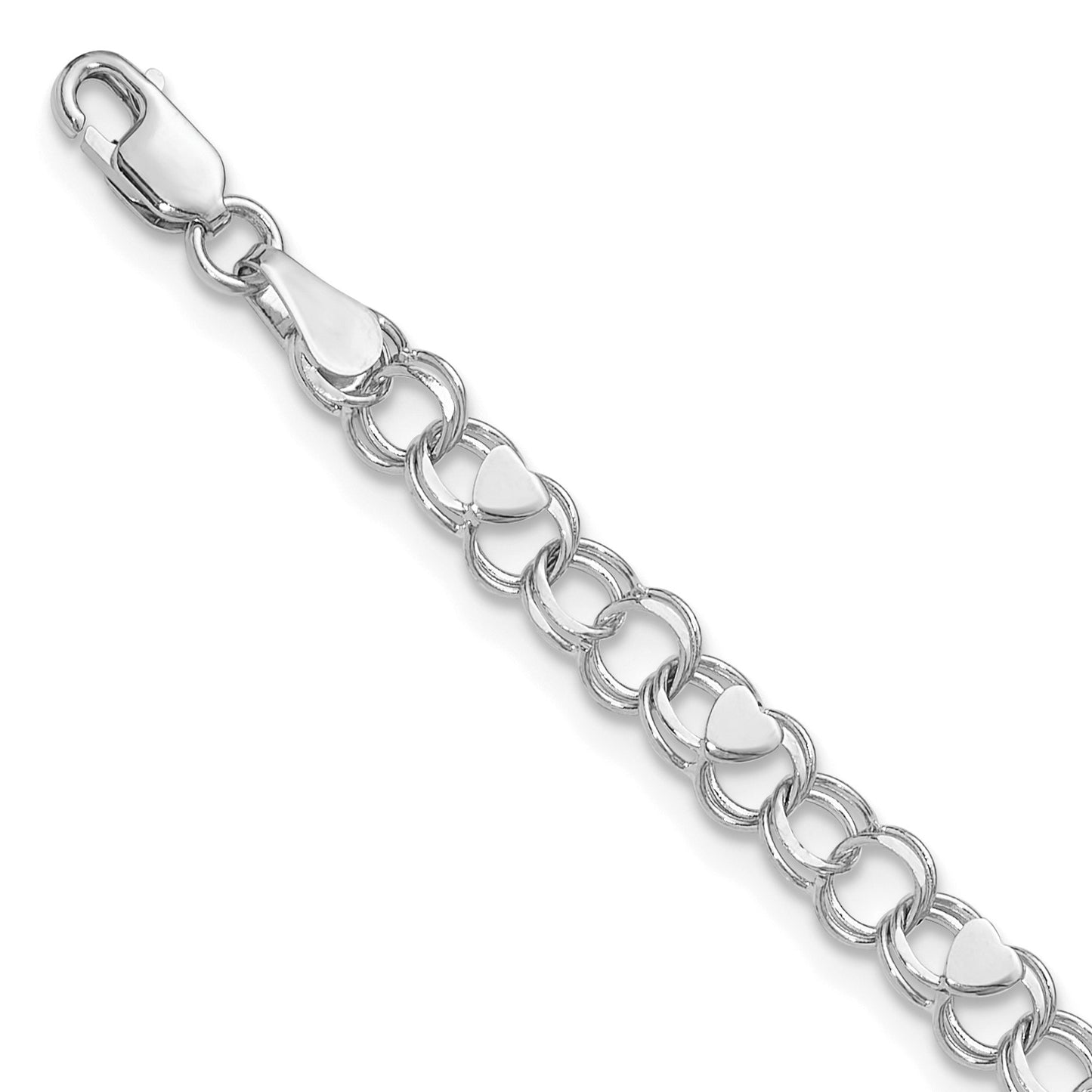 14k White Gold 4mm Solid Double Link with Hearts 8 inch Charm Bracelet