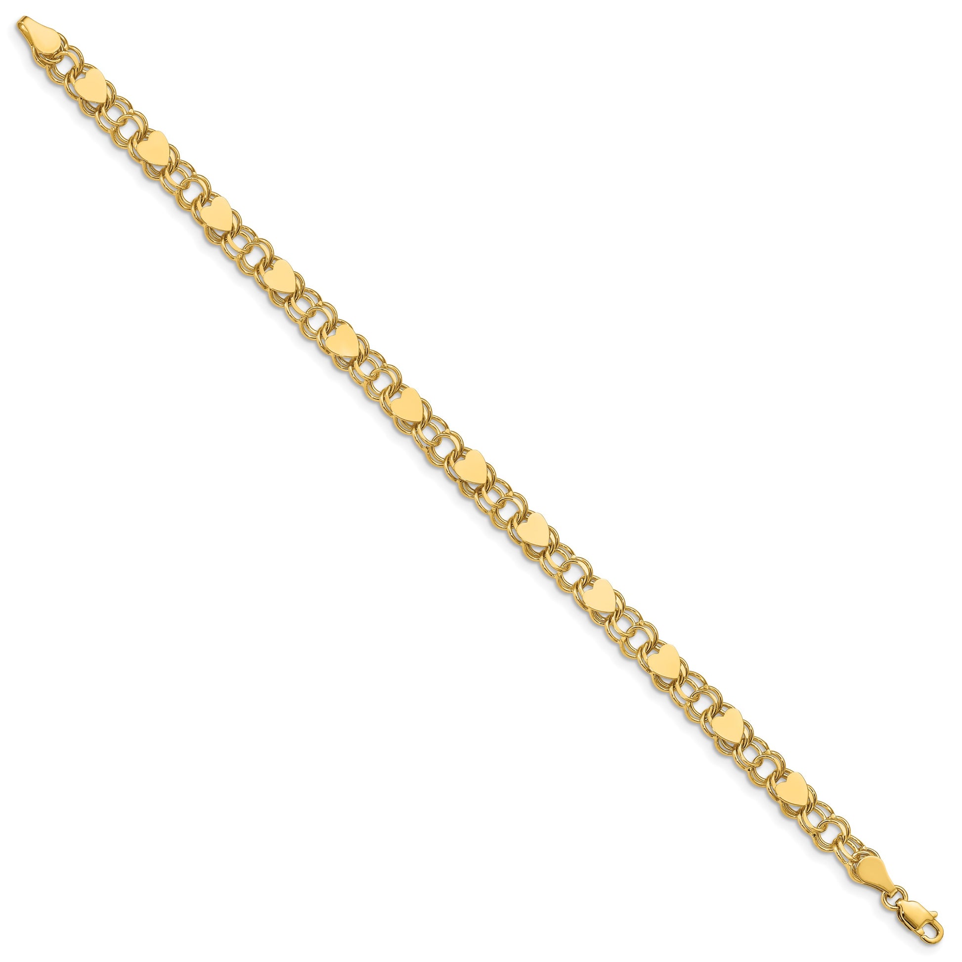 14k 6mm Solid Double Link with Hearts 8 inch Charm Bracelet