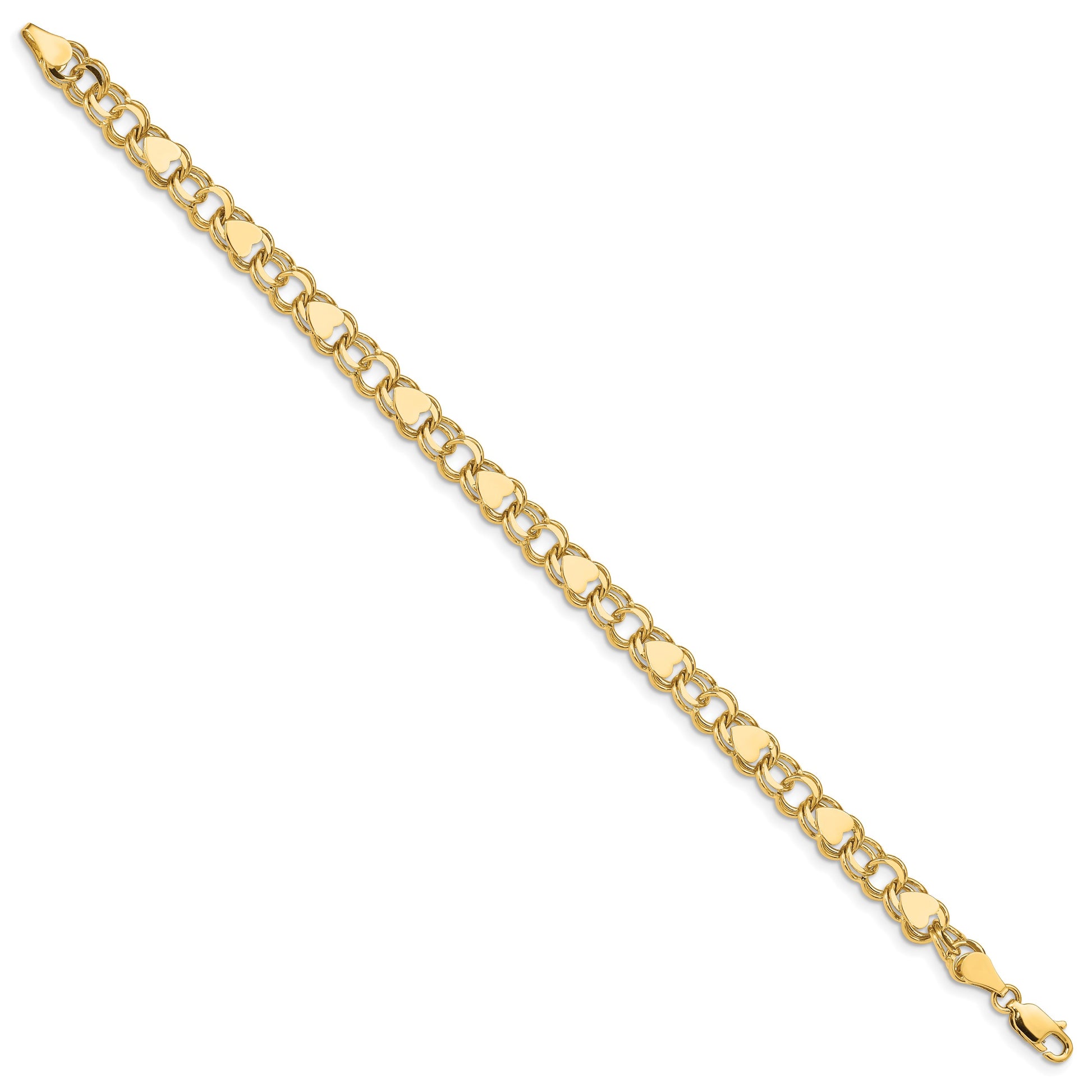14k 7mm Solid Double Link with Hearts 7 inch Charm Bracelet