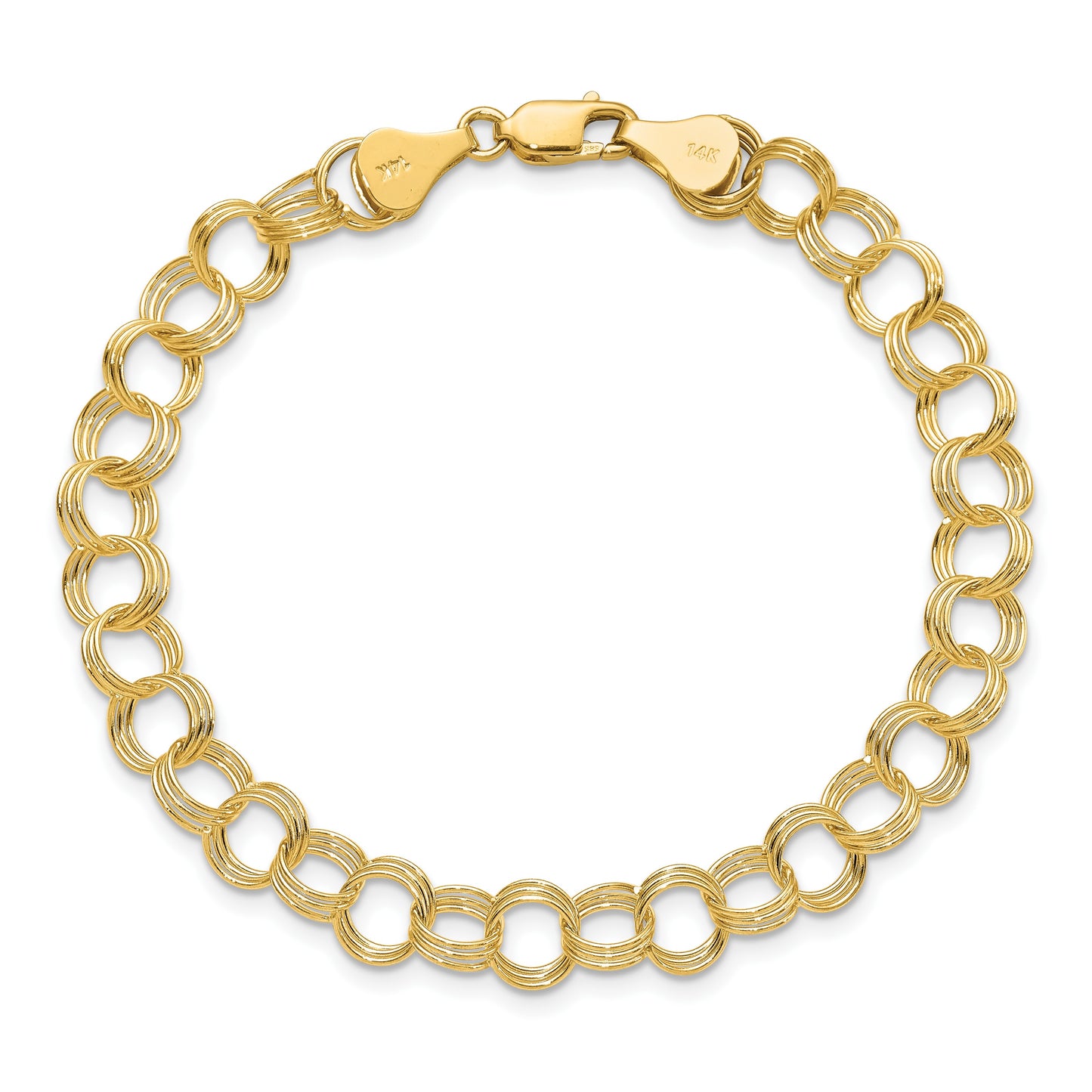 14k 7mm Solid Triple Link 8 inch Charm Bracelet