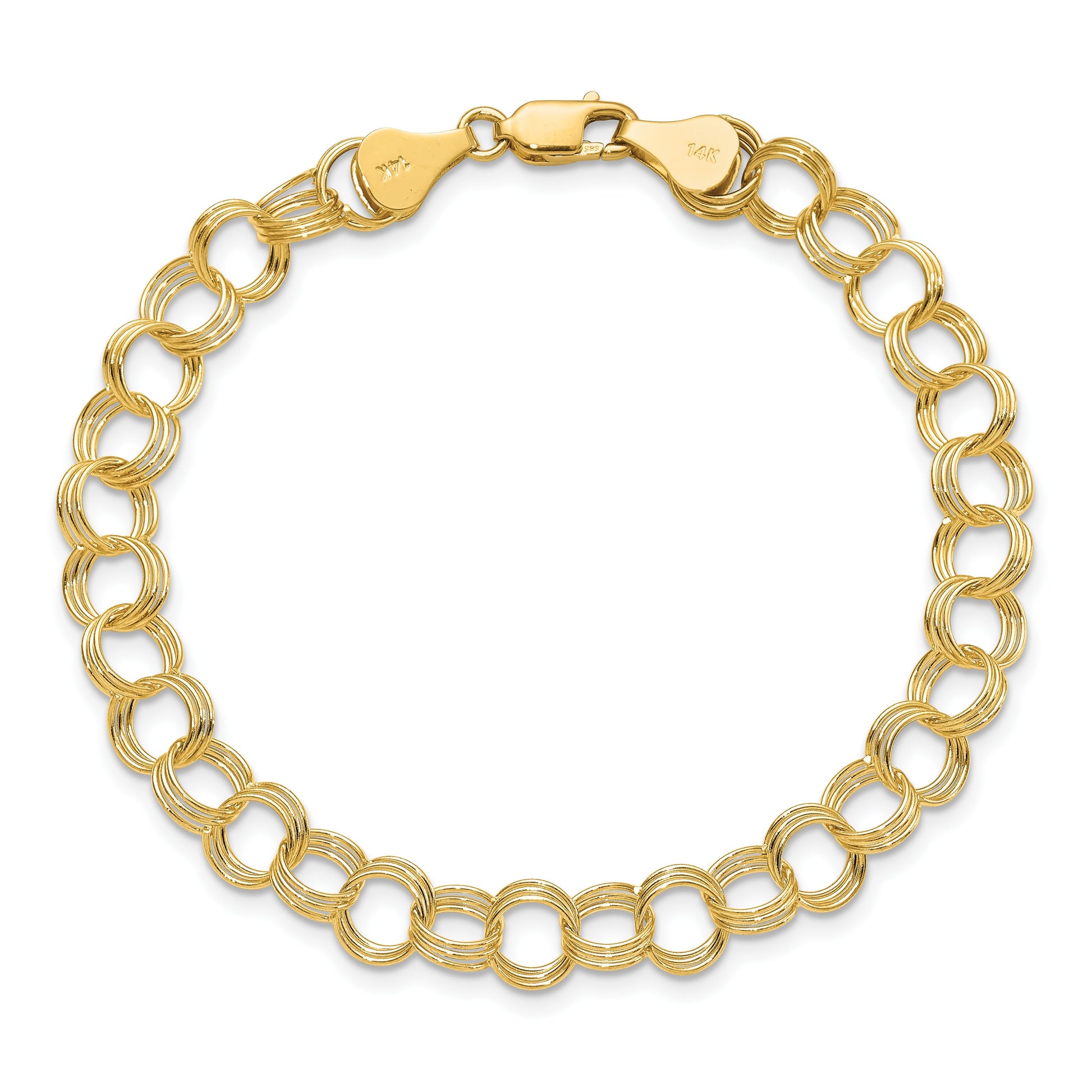 14k 7mm Solid Triple Link 8 inch Charm Bracelet